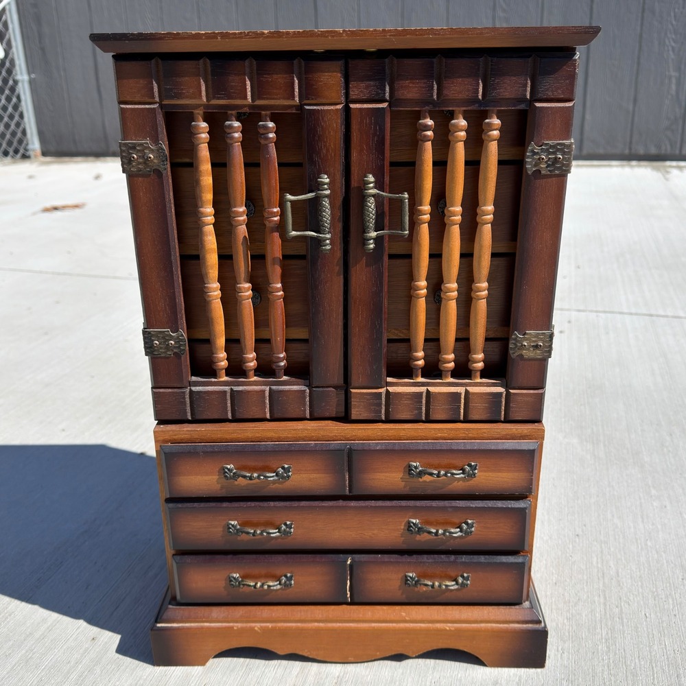 Vintage Made in Japan Wood Jewelry Armoire Spindle Door Tabletop Chest 11 Drawer